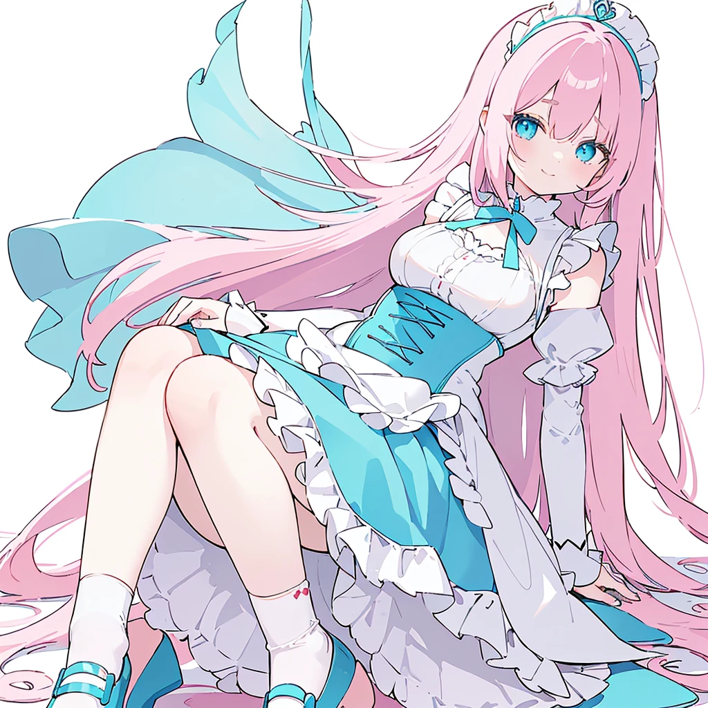 (long beautiful pinky hair) blue cutes eyes, (Eyes behind long bangs) big breasts, Sitting pose using accessories (using socks) perfect shiny beautiful cyan shoes (Wearing luxurious palace maid clothes Perfect perfect noble)  Pose facing sideways (Girl1, straight hair not too long, bangs covering one eye, soft face, gentle smile) long pink hair, beautiful cyan eyes (Sitting pose, right hand down, left hand down, leaning pose,  smile kawai, (blank white background) Wearing a blue corset, (Using a beautiful bright blue ribbon) Kawai shy cute eyes (cyan colored shoes must be shiny, Must wear short white socks) Short custom maid sleeves reaching mid-shoulder, Body tilted to the back, head tilted to the side, body facing to the right