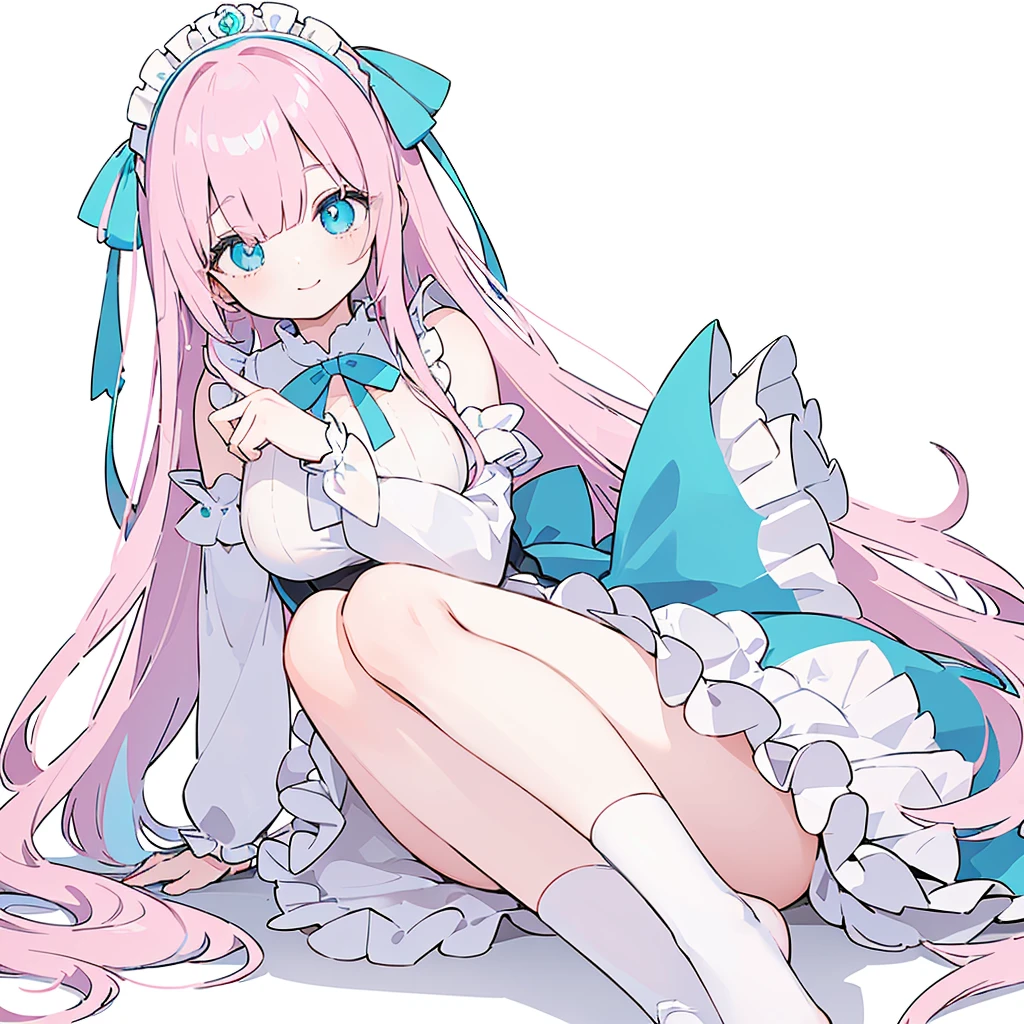 (long beautiful pinky hair) blue cutes eyes, (Eyes behind long bangs) big breasts, Sitting pose using accessories (using socks) perfect shiny beautiful cyan shoes (Wearing luxurious palace maid clothes Perfect perfect noble) Pose facing sideways (Girl1, straight hair not too long, bangs covering one eye, soft face, gentle smile) long pink hair, beautiful cyan eyes (Sitting pose, right hand down, left hand down, leaning pose, smile kawai, (blank white background) Wearing a blue corset, (Using a beautiful bright blue ribbon) Kawai shy cute eyes (cyan colored shoes must be shiny, Must wear short white socks) Short custom maid sleeves reaching mid-shoulder, Body tilted to the back, head tilted to the side, body facing to the right