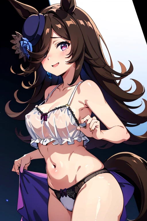 (masterpiece),(Highest quality:1.0), (Ultra-high resolution:1.0), Detailed illustrations, 8K, Pretty face, White Background、Big Breasts、underwear, underwear姿、黒色のunderwear、lingerie、negligee、See-through、Naughty、hentai、whole body、Animal ears, earrings, Horse tail、Are standing, smile, Open your mouth