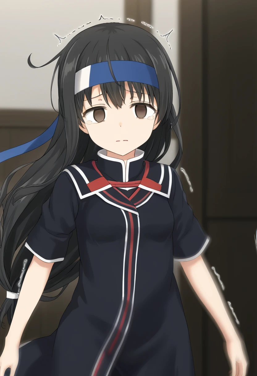 (masterpiece,best quality:1.4),source_anime,cowboy shot,Idealized Forms,Natural Light,details background,blurry background,extremely detailed,hatsushimoKC, (left(white)right(blue))headband, (black)long hair, (low-tied)hair, (black)hair, small breasts,(petite),(aga),(((empty eyes))),(tears),(cry),(motion lines),(motion blur),(trembling),