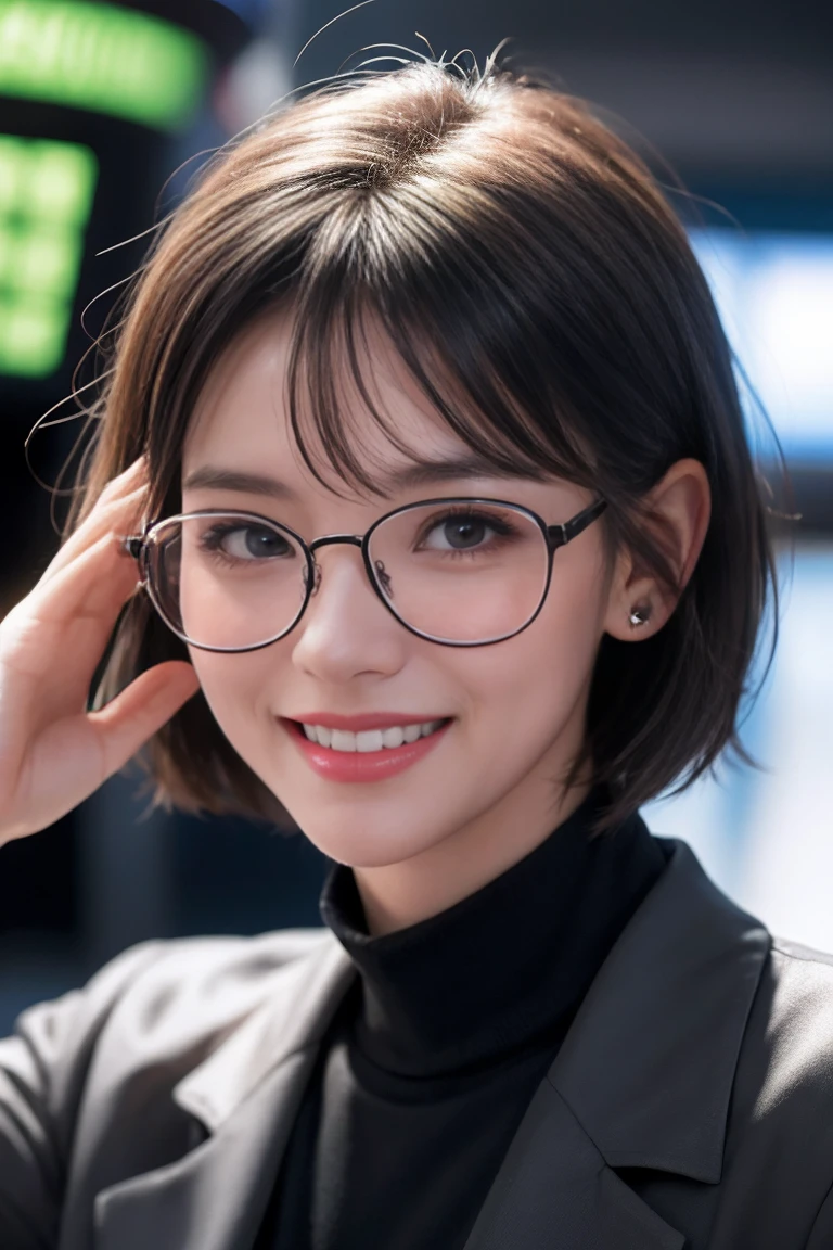 a girl with short hair, wearing transparent glasses, smiling and raising her hand, in a stock market setting, half-body shot, small ears, high quality, non-deformed, extremely detailed facial features, hyper realistic, 8k, photorealistic, vibrant colors, dramatic lighting, cinematic, beautiful, elegant, dynamic pose
