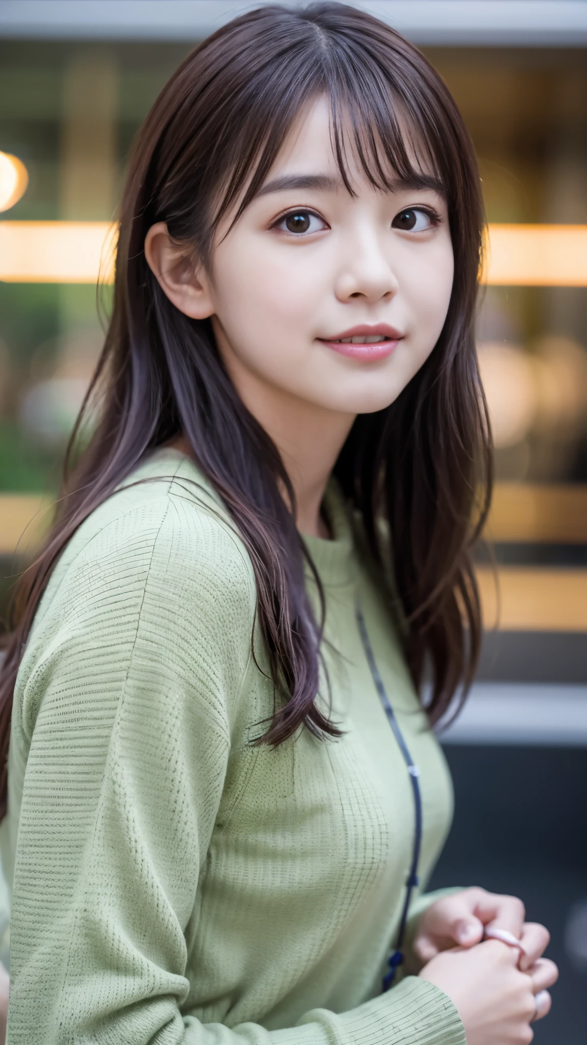  (8K, RAW Photos, Highest quality, masterpiece:1.3), (Realistic, photo-Realistic:1.4), (Highly detailed 8K wallpaper), Sharp focus, Written boundary depth, extreme close-up shot, face focus, Japanese Idols,very cute,(Baby Face),sweater, Look at us and laugh, Upper Body, Highly detailed face and eyes,((Shiny skin:1.2)), Cinema Lighting, Soft Light, Blur the background, Bokeh,(In town, Modern, stylish, Glass Wall, Open space:1.2)
