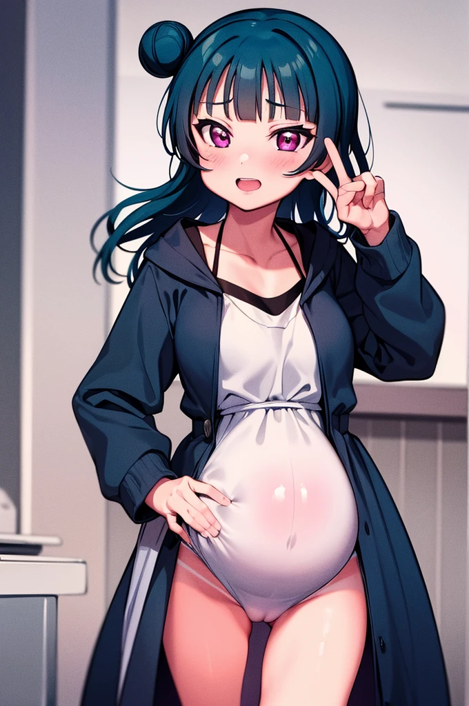 nsfw,yoshiko tsushima, blue hair, hair bun, (purple eyes:1.1), single side bun, bangs, long hair,pregnant,large breasts,littele girl,tanlines,