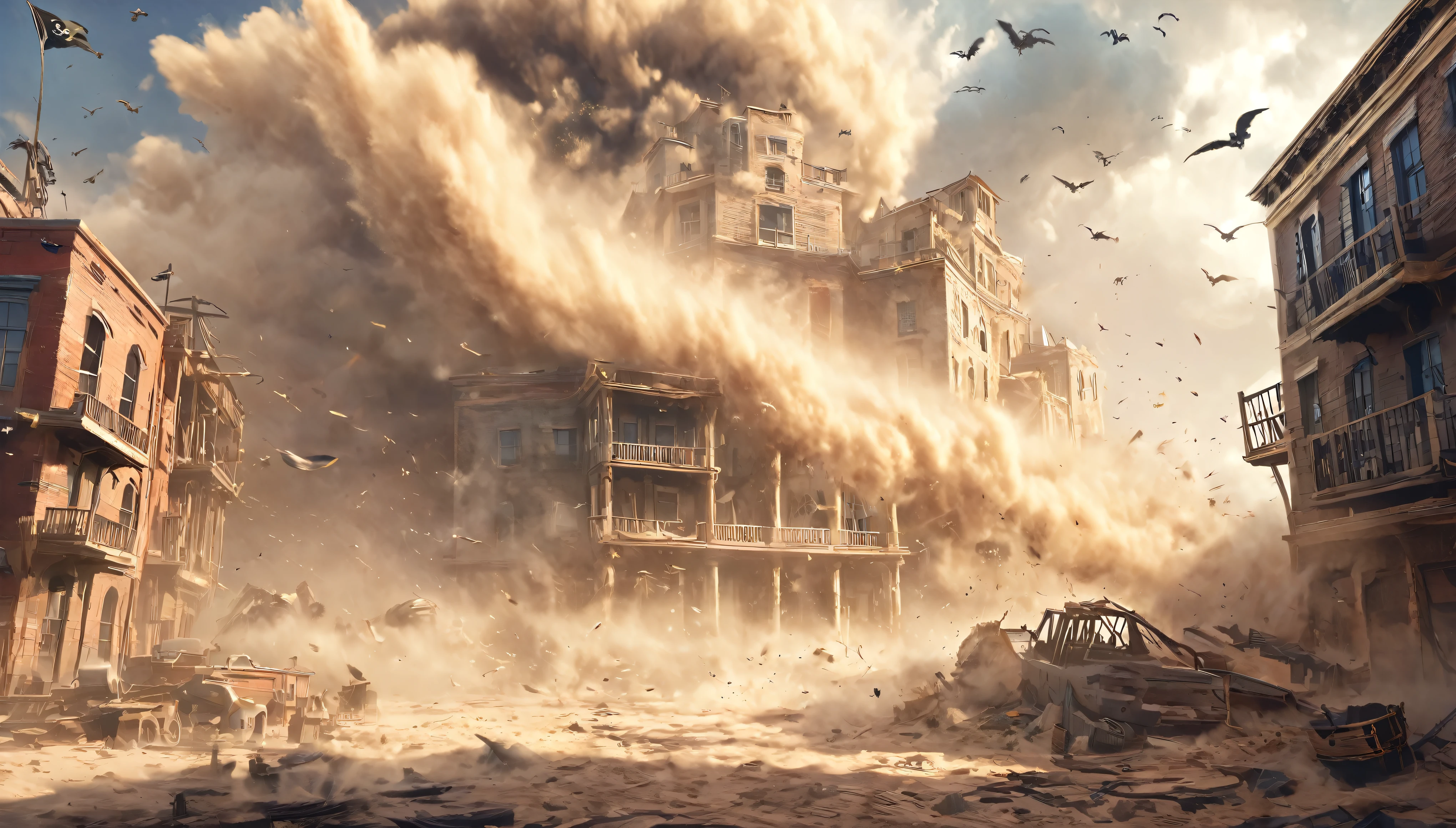 masterpiece, best quality, extremely detailed, hyperrealistic:1.1, photorealistic, pirates city, sandstorm, tornado, strong wind, destroyed building