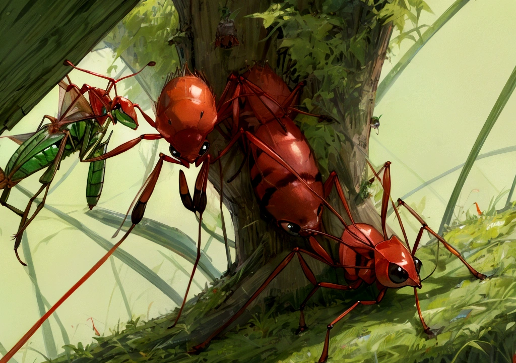 red ants and green grasshoppers