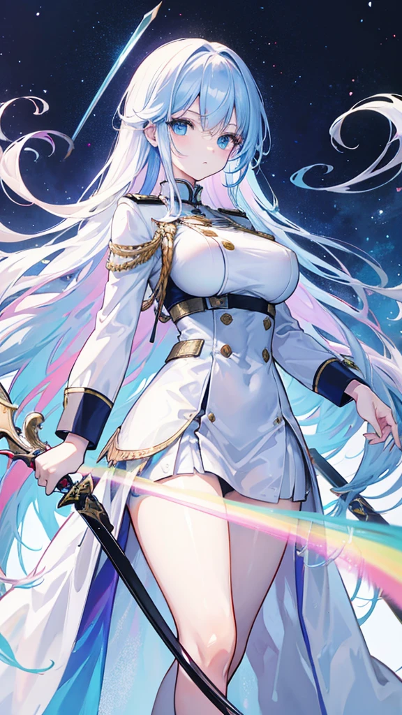 rainbow colored hair, expressionless, neat white uniform, holding a sword, very large breasts, long straight hair, blue eyes
