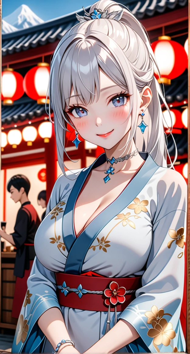 ultra-detailed, ((one girl)), hyper detailed, absurdres, 8K,Cute face, (Laugh shyly), ((teasing smile:1.8)), ((Wink:1.8)), (Laugh with your mouth wide open:1.3),(Tilt your head:1.3), View your viewers, ((Bright red cheeks:1.6)),Glossy Red Lips, ((Big Breasts:1.5)) night, Shrine festival stalls, (Brighten your face), ((Anime style background)),masterpiece, Highest quality, so beautiful,Latest, Complex details, (Pink long nails), (nail art), (ring),(bracelet), (Floral Choker),AI-generated, Complex,High resolution, Highest quality, super high quality,3D Images、3D Images,One person,Long white hair,(High Ponytail), Anime woman posing for a photo, (beautiful eyes), ((Eyes with a delicate blend of pale blue and silver, giving them an ethereal and shimmering appearance:1.5)), (Squint your eyes:1.1),a hyperRealistic , hyperRealistic , Realistic,Anime woman with long white hair, Smooth anime CG art, With gold embroidery、A girl in a gorgeous kimono, ((Black long sleeve kimono:1.3)),(Red large floral pattern) ,Long flower hair ornament,Floral Earrings,Mature Body, expensive,Abdominal muscles,Tight waist,((Zoom in on face:2.1)),(front view),