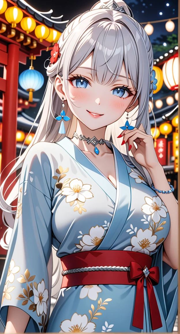 ultra-detailed, ((one girl)), hyper detailed, absurdres, 8K,Cute face, (Laugh shyly), ((teasing smile:1.8)), ((Wink:1.8)), (Laugh with your mouth wide open:1.3),(Tilt your head:1.3), View your viewers, ((Bright red cheeks:1.6)),Glossy Red Lips, ((Big Breasts:1.5)) night, Shrine festival stalls, (Brighten your face), ((Anime style background)),masterpiece, Highest quality, so beautiful,Latest, Complex details, (Pink long nails), (nail art), (ring),(bracelet), (Floral Choker),AI-generated, Complex,High resolution, Highest quality, super high quality,3D Images、3D Images,One person,Long white hair,(High Ponytail), Anime woman posing for a photo, (beautiful eyes), ((Eyes with a delicate blend of pale blue and silver, giving them an ethereal and shimmering appearance:1.5)), (Squint your eyes:1.1),a hyperRealistic , hyperRealistic , Realistic,Anime woman with long white hair, Smooth anime CG art, With gold embroidery、A girl in a gorgeous kimono, ((Black long sleeve kimono:1.3)),(Red large floral pattern) ,Long flower hair ornament,Floral Earrings,Mature Body, expensive,Abdominal muscles,Tight waist,((Zoom in on face:2.1)),(front view),