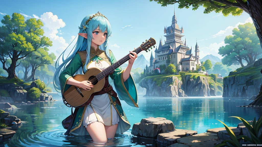 high quality、With a pagoda in the background、Anime girl playing Irish bouzouki underwater, Elven bard of the forest playing the lute, Fantasy art style, Beautiful fantasy maiden, Elf Princess, Cute and detailed digital art, beautiful Elf Princess, Elf Princess, Beautiful maiden, Beautiful fantasy art, Gweiz-style artwork, Anime fantasy illustration, very Beautiful fantasy art, Water Everware Fantasy,１６：９