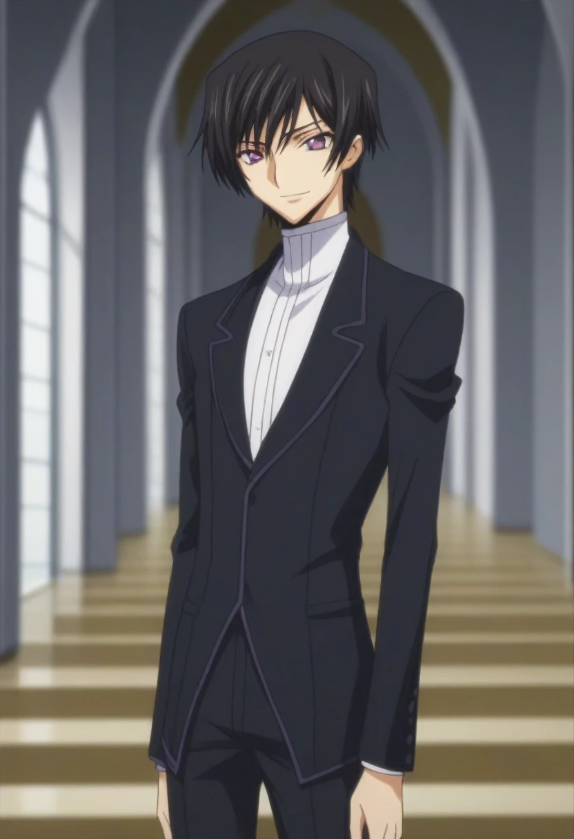 score_9, score_8_up, score_7_up, source_anime, rating_safe, intricate details, anime screencap, , , looking at viewer, depth of field, 1boy, solo, male focus, lelouch_lamperouge, black hair, purple eyes, bangs, evil smile, cute, black suit costume, castle, room, dusk.