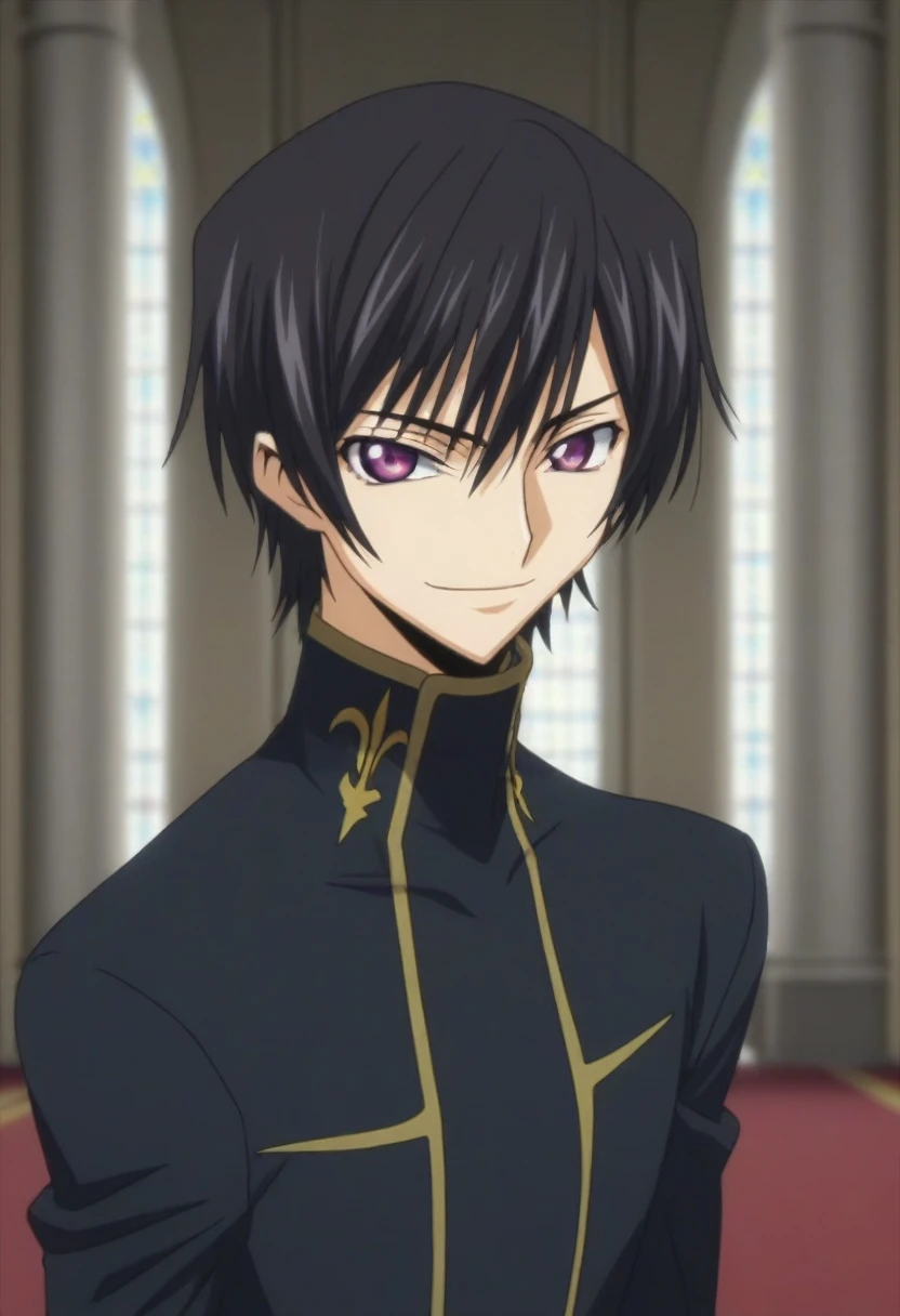 score_9, score_8_up, score_7_up, source_anime, rating_safe, intricate details, anime screencap, , , looking at viewer, depth of field, 1boy, solo, male focus, lelouch_lamperouge, black hair, purple eyes, bangs, evil smile, cute, black suit costume, castle, room, dusk.