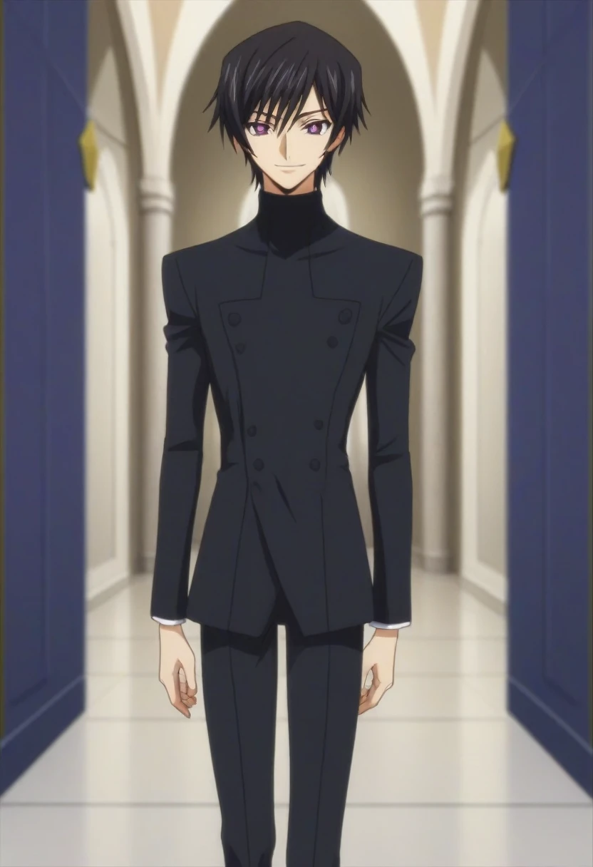 score_9, score_8_up, score_7_up, source_anime, rating_safe, intricate details, anime screencap, , , looking at viewer, depth of field, 1boy, solo, male focus, lelouch_lamperouge, black hair, purple eyes, bangs, evil smile, cute, black suit costume, castle, room, dusk.