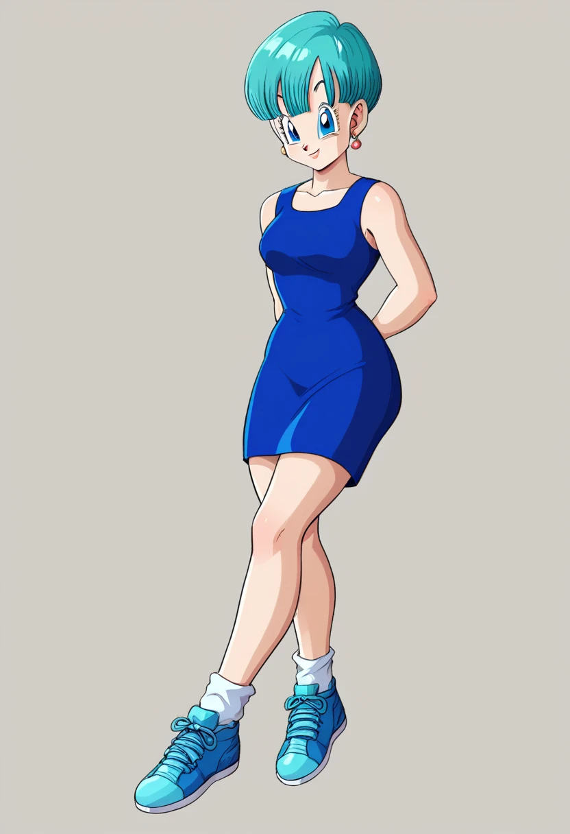 Bulma saga buu dark blue dress dark blue sneakers crossed legs 