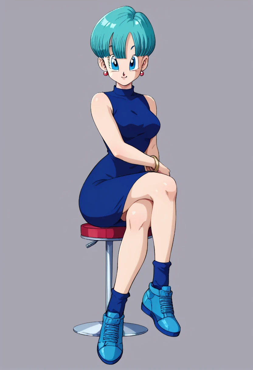 Bulma saga buu dark blue dress dark blue sneakers crossed legs 