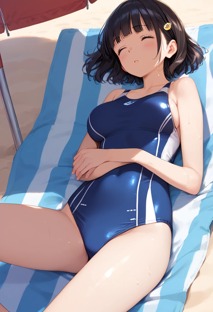 score_9,score_8_up,score_7_up,masterpiece,best quality, source anime, realistic, super detailed, extreme detailed, rating_safe,
1girl, lying on back, sleeping,
BREAK girl, 22yo, short hair, bob cut, (blunt bangs), black hair, (tareme, detailed cute brown eyes), curled eyelashes, (large breasts:0.9),
shiny hair, beautiful detailed eyes, beautiful face,
slender, small ass, slim legs,
one-piece swimsuit,, sweat:,
blush, (closed eyes:1.2), parted lips,
outdoors, beach, summer, blazing sun, parasol, shade,