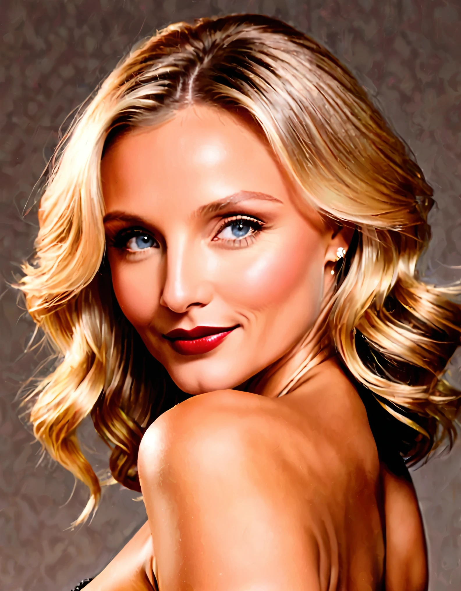 Generate a portrait of Cameron Diaz exuding timeless elegance and vintage glamour. Envision her in a classic Hollywood setting with soft, flattering lighting. Emphasize her features with a touch of sophistication, perhaps inspired by the golden age of Hollywood. Ultra Realistic photo, vibrant colors, 16k