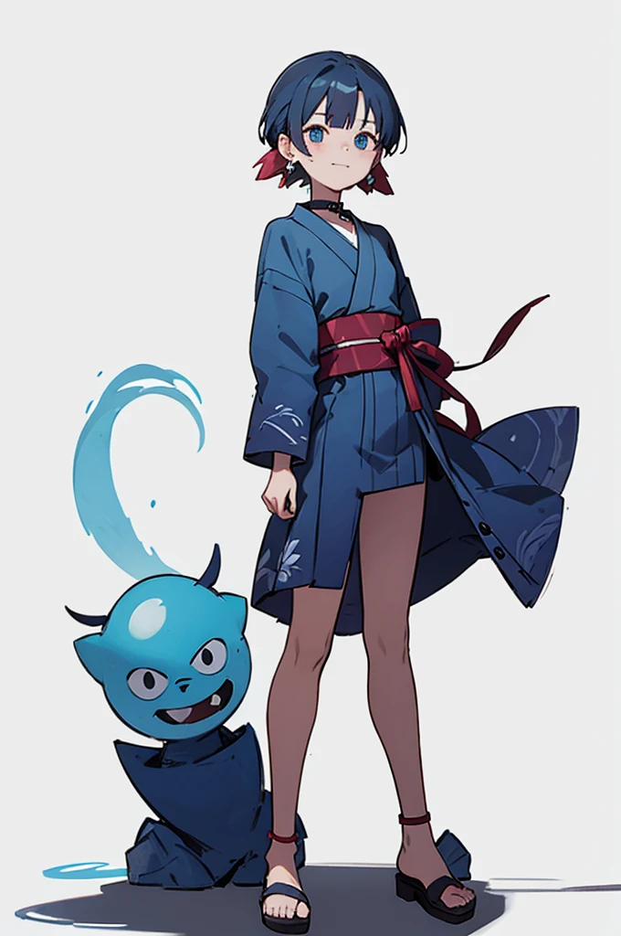 Blue and green yukata、Red and blue hair、Mischievous face、Choker on neck、Big earrings、The earrings are red、Arms crossed、Only the mouth is smiling、Straw sandals、Choker on right leg、Shoulders are out(whole body、Are standing、、White background)
