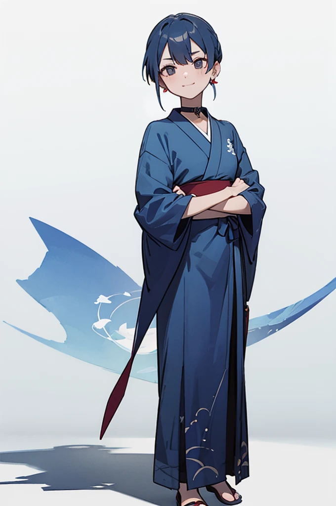 Blue and green yukata、Red and blue hair、Mischievous face、Choker on neck、Big earrings、The earrings are red、Arms crossed、Only the mouth is smiling、Straw sandals、Choker on right leg、Shoulders are out(whole body、Are standing、、White background)
