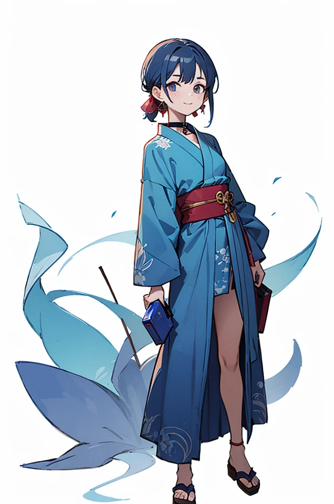 Blue and green yukata、Red and blue hair、Mischievous face、Choker on neck、Big earrings、The earrings are red、Arms crossed、Only the mouth is smiling、Straw sandals、Choker on right leg、Shoulders are out(whole body、Are standing、、White background)