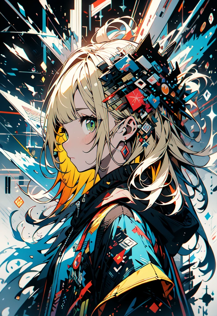 masterpiece, (beautiful and aesthetic:1.5), surrealism, highly detailed, anime, a side view painting of 1girl, wearing multicolored hoodie, blonde long hair, green eyes, red and dark blue color pallet, hard brush, gradient binary code effect, minimalist low poly collage illustration, paintings effect, heavy inking, featured on pixiv, saturated colors, hypercube, pixelsort, epic composition, epic proportion, dynamic lighting, HD
