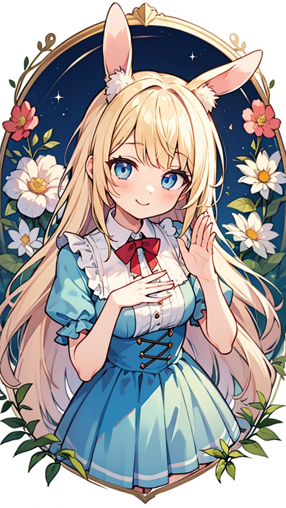 Masterpiece、Highest quality、Very detailed、anime、Alice in Wonderland、alice in victorian costume、dresini skirt、One girl、Bunny ears、{Waving}、Blonde、blue eyes、smile、beautiful詳細、elegant、cute、beautiful、Fantasy、clear、beautiful詳細、Colorful flowers in the background、full bloom、Perfect hands、Perfect Fingers、Perfect Anatomy、