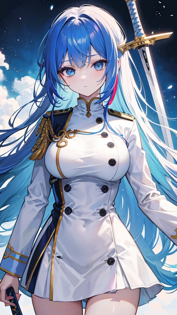 rainbow colored hair, expressionless, neat white uniform, holding a sword, very large breasts, long straight hair, blue eyes