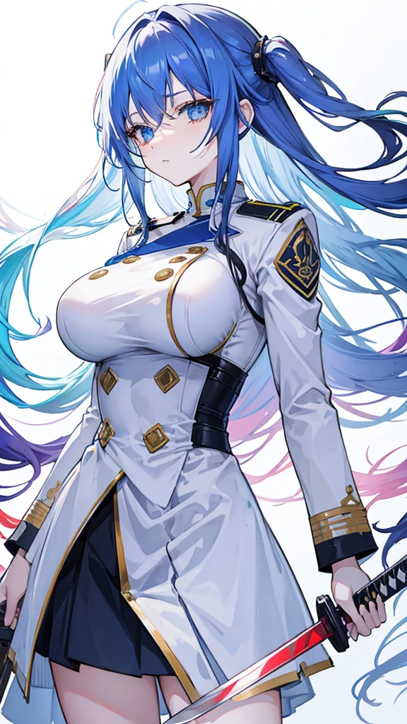 rainbow colored hair, expressionless, neat white uniform, holding a sword, very large breasts, long straight hair, blue eyes