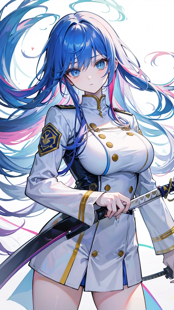 rainbow colored hair, expressionless, neat white uniform, holding a sword, very large breasts, long straight hair, blue eyes