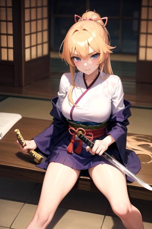 create an anime girl in a with a samurai sword in a luxurious school landscape and who is 18 years old