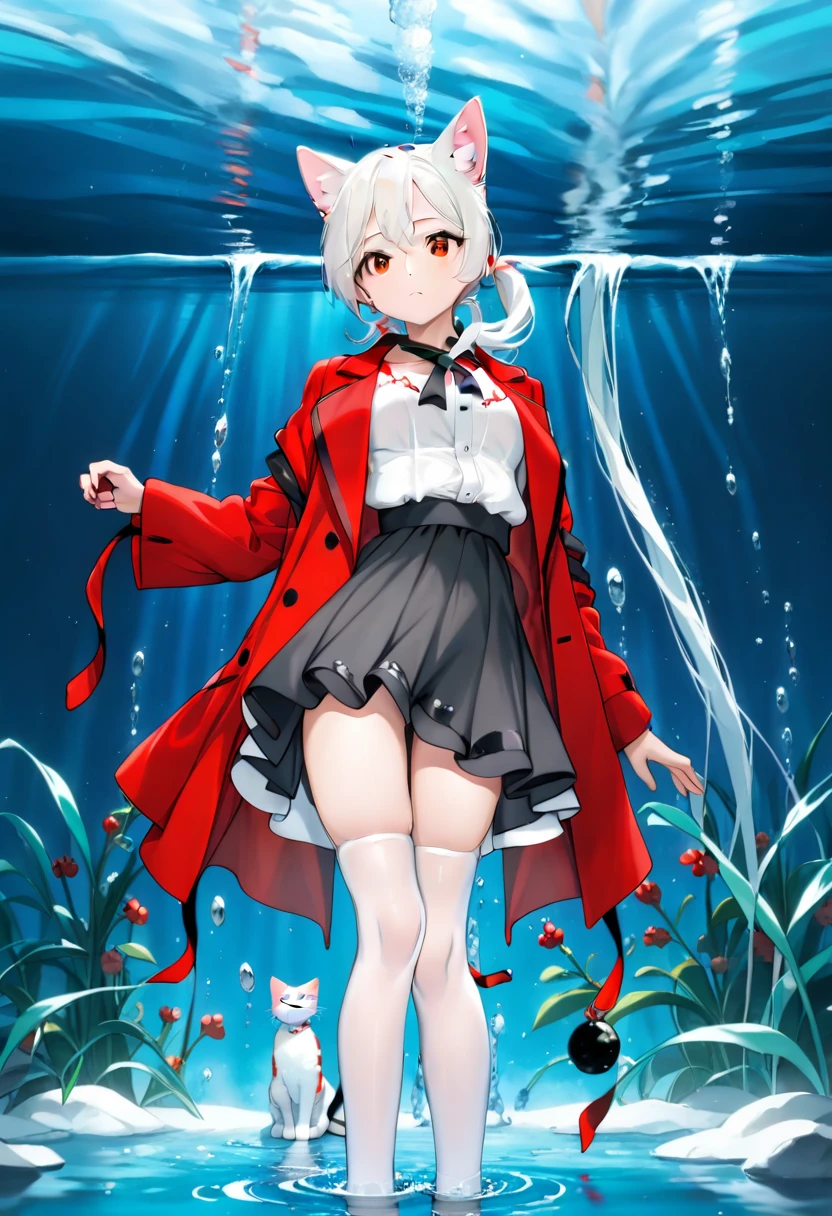 masterpiece, highest quality, highest resolution, clear_image, detailed details, White hair, long hair, cat ears, 1 girl, red eyes, white lab coat (with a black short skirt), white pantyhose, white scarf (around the neck), cute, full body, no water marks, laboratory, no extra limps, no extra body, NSFW, small breast