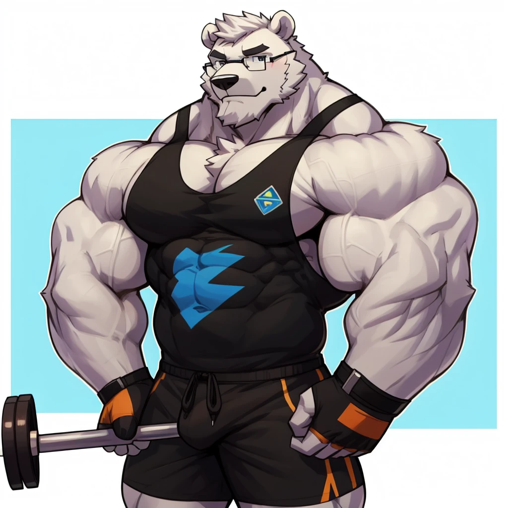 solo, 1boy, Huge Muscular White Polar Bear wearing glasses, huge white fur, pectoral, huge pectoral, wide pectoral, short white hair, blue colored gym short pants, blue colored wristbands and blue colored tank top, white bearded, white Mustache, white fur, simple background, masterpiece, high detailed, 8k, high resolution, at the gym, flexes huge muscles