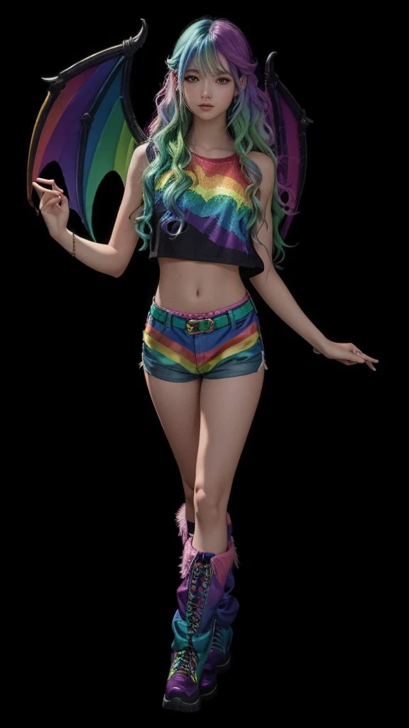 A beautiful girl in full body, with wavy rainbow colored hair, with rainbow dragon wings, com cropped cor arco-íris, with rainbow-colored shorts and furry rainbow-colored boots.