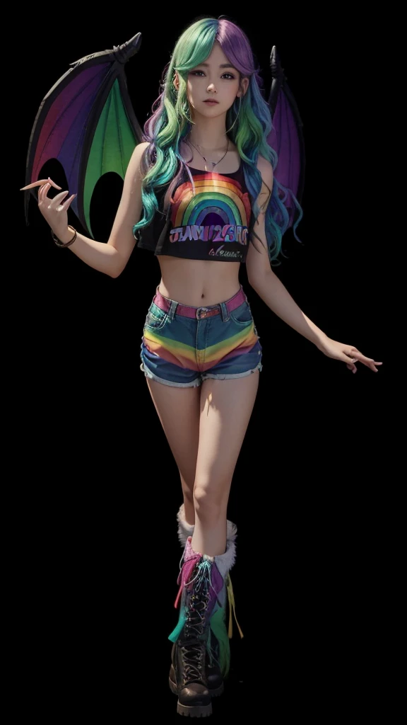 A beautiful girl in full body, with wavy rainbow colored hair, with rainbow dragon wings, com cropped cor arco-íris, with rainbow-colored shorts and furry rainbow-colored boots.
