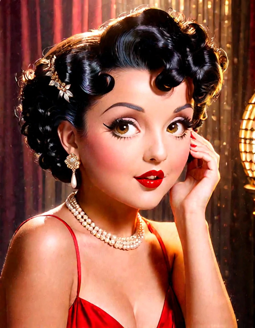 Generate a portrait of Betty Boop exuding timeless elegance and vintage glamour. Envision her in a classic Hollywood setting with soft, flattering lighting. Emphasize her features with a touch of sophistication, perhaps inspired by the golden age of Hollywood. Ultra Realistic photo, vibrant colors, 16k