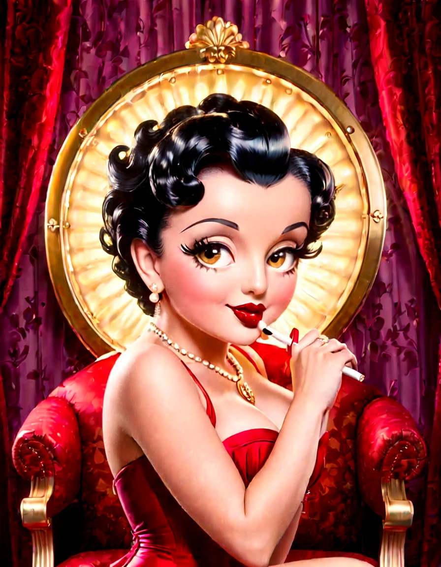 Generate a portrait of Betty Boop exuding timeless elegance and vintage glamour. Envision her in a classic Hollywood setting with soft, flattering lighting. Emphasize her features with a touch of sophistication, perhaps inspired by the golden age of Hollywood. Ultra Realistic photo, vibrant colors, 16k