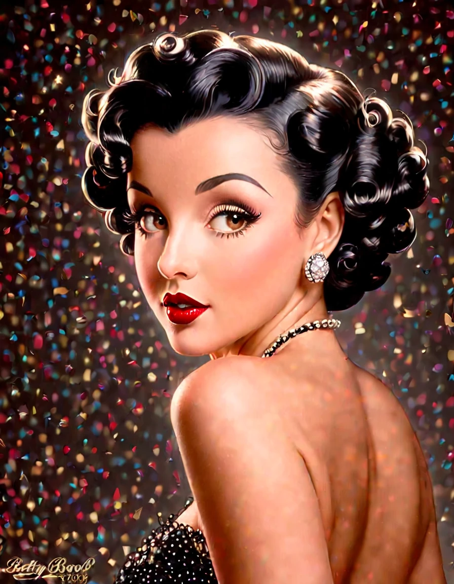 Generate a portrait of Betty Boop exuding timeless elegance and vintage glamour. Envision her in a classic Hollywood setting with soft, flattering lighting. Emphasize her features with a touch of sophistication, perhaps inspired by the golden age of Hollywood. Ultra Realistic photo, vibrant colors, 16k