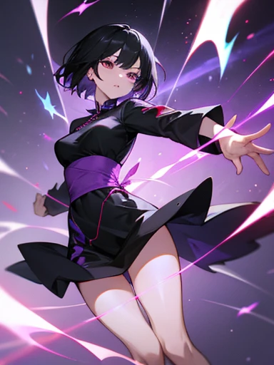 Women, White skin, medium breasts, short hair , black chinese dress. black hair, red butterflies around. Purple Body Energy Flash, ribbon tied to his thigh.