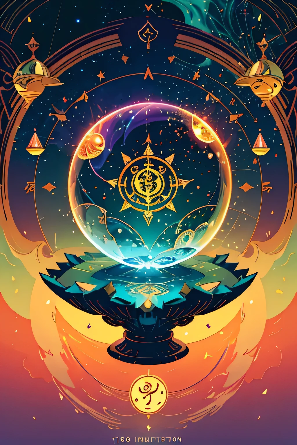 A wide-format fantastical landscape inspired by the Wizard of Oz universe, with a left-to-right flow creating a story-like progression. The background features a silhouette of a green city reminiscent of the Emerald City on the far right, a yellow brick road crossing the scene in the foreground, a magical forest with mysterious flowers on the left side, and a fantastical twilight sky with purple-tinted orange hues.
In the center, there's a large, ornate crystal ball on an intricately carved pedestal with swirling mist and mystical light inside, reflecting various divination symbols on its surface. Floating tarot cards in a circular pattern surround the crystal ball, with major arcana cards arranged dynamically. Above the crystal ball to the right, a semi-transparent I Ching hexagram chart is depicted in the air.
On the left side, symbols of Eastern divination include a levitating Feng Shui compass (Luo Pan), animated Five Elements symbols (Wood, Fire, Earth, Metal, Water), an ancient scroll partially unrolled revealing mystical text, and an incense burner emitting magical smoke forming symbols.
On the right side, symbols of Western divination include a zodiac wheel spinning slowly in the air, an astrological chart with glowing constellations, a wizard's hat atop a stack of spell books, and a magical wand emitting sparks and creating magical sigils.
Special effects include magical particles (golden and rainbow-colored) floating throughout, soft light emitting from divination tools and symbols, rippling energy spreading from the crystal ball, and ethereal butterflies or fireflies made of light fluttering around. The color scheme features warm tones of green, gold, purple, and orange, with a detailed illustration in a fantasy art style and slightly stylized design with symbolic representations.
Finishing touches include a soft, dreamy atmosphere with a light haze over the entire scene, a subtle rainbow aura effect around the edges, and small hidden details like a