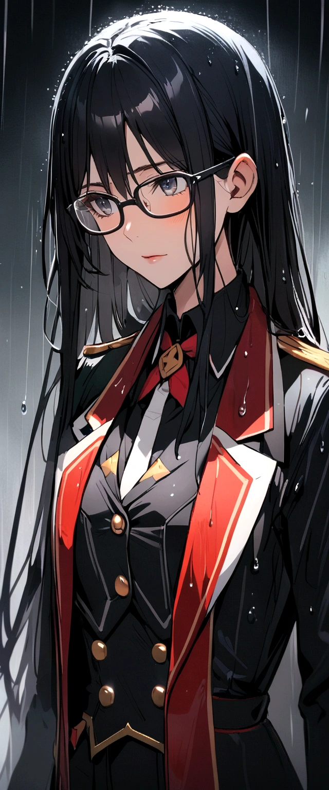 Rained , black long hair, styled uniform, glasses 