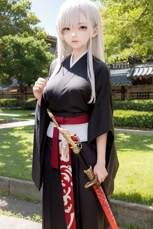 create an anime girl in a  with a samurai sword in a luxurious school landscape and who is 18 years old