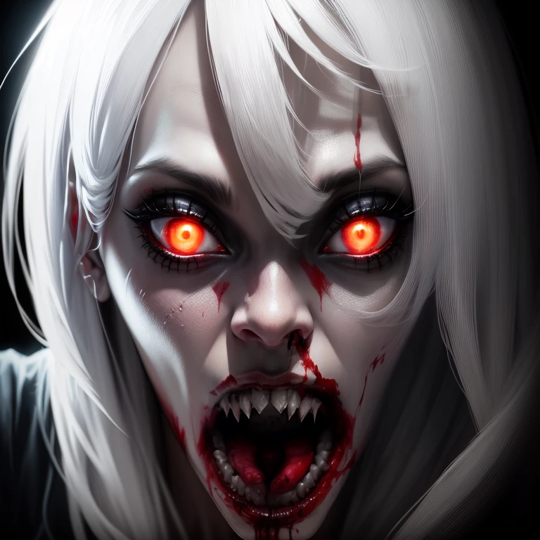Arabian woman with creepy face, white hair and bloody mouth, Indie Video Game Horror, Horror game graphics, Horror Video Games, Stills from an animated horror movie, [ Horror game ], Jump scares, Horror game, Zombies with white eyes, playstation 2 Horror game, Face of fear, Jump scares, Glowing eyes and mouth, Highly detailed horror, scary pose