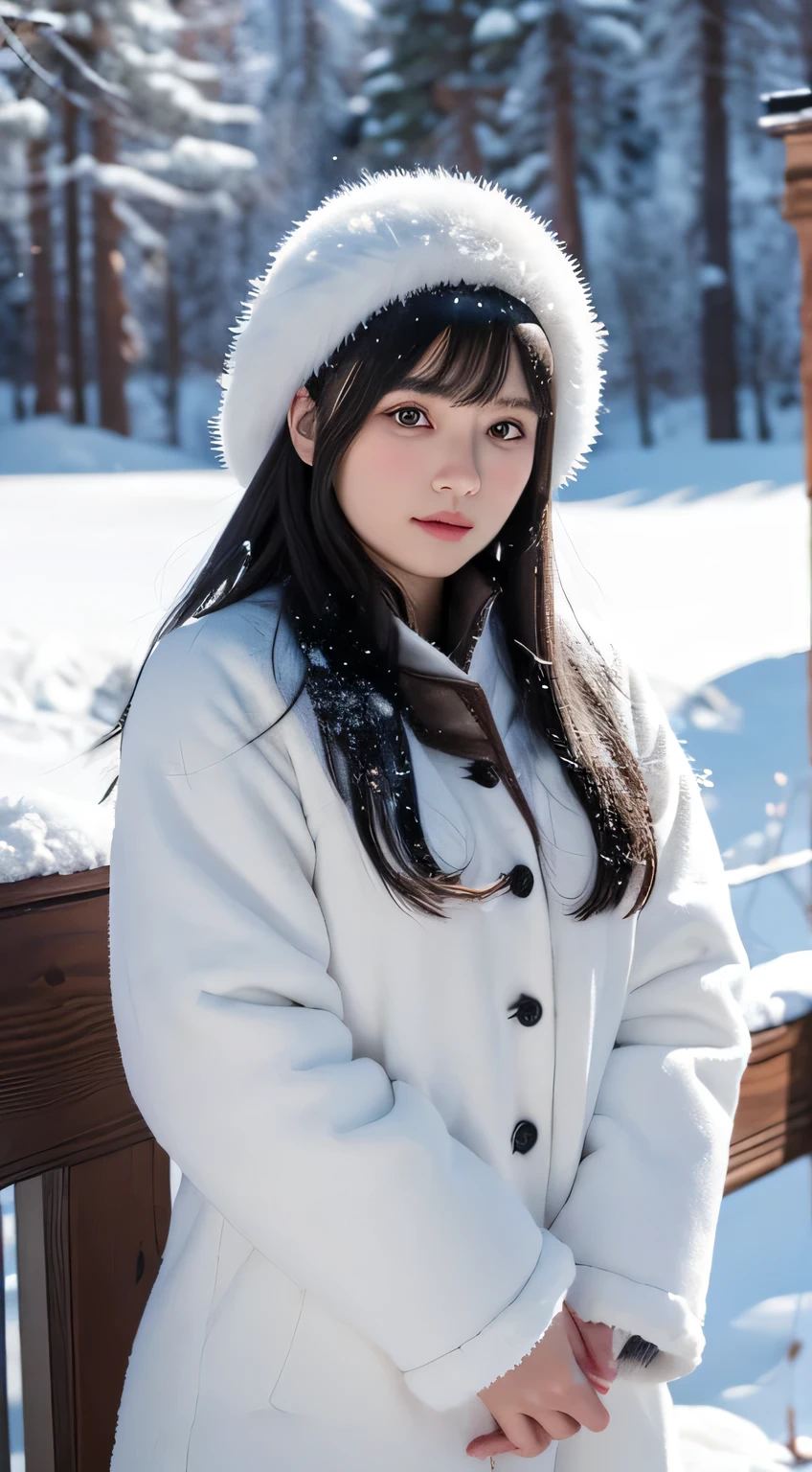 Girl in Russian winter clothes, with very dark black hair, hair with bangs, She has medium eyes and is in a snowy setting in the middle of a mountain in the forest
