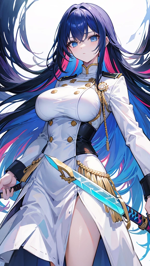 rainbow colored hair, expressionless, neat white uniform, holding a sword, very large breasts, long straight hair, blue eyes