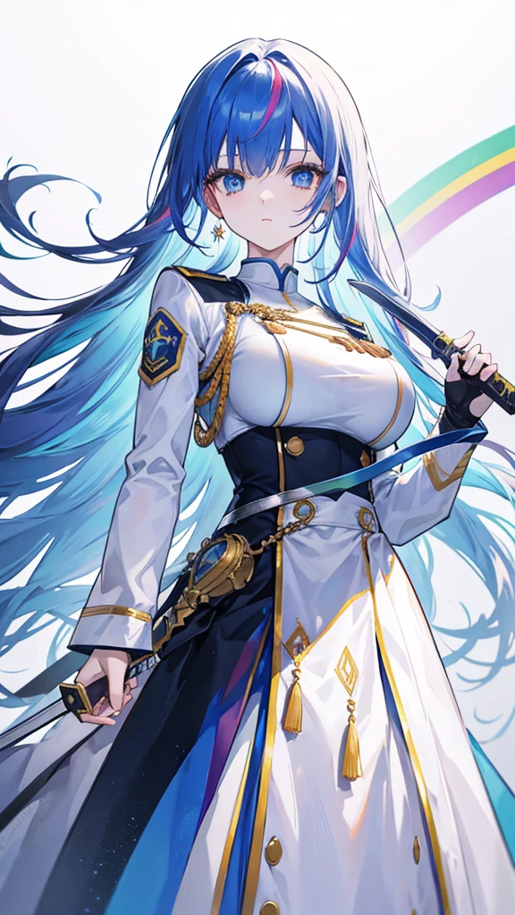 rainbow colored hair, expressionless, neat white uniform, holding a sword, very large breasts, long straight hair, blue eyes