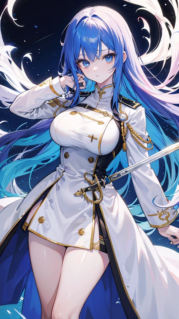rainbow colored hair, expressionless, neat white uniform, holding a sword, very large breasts, long straight hair, blue eyes
