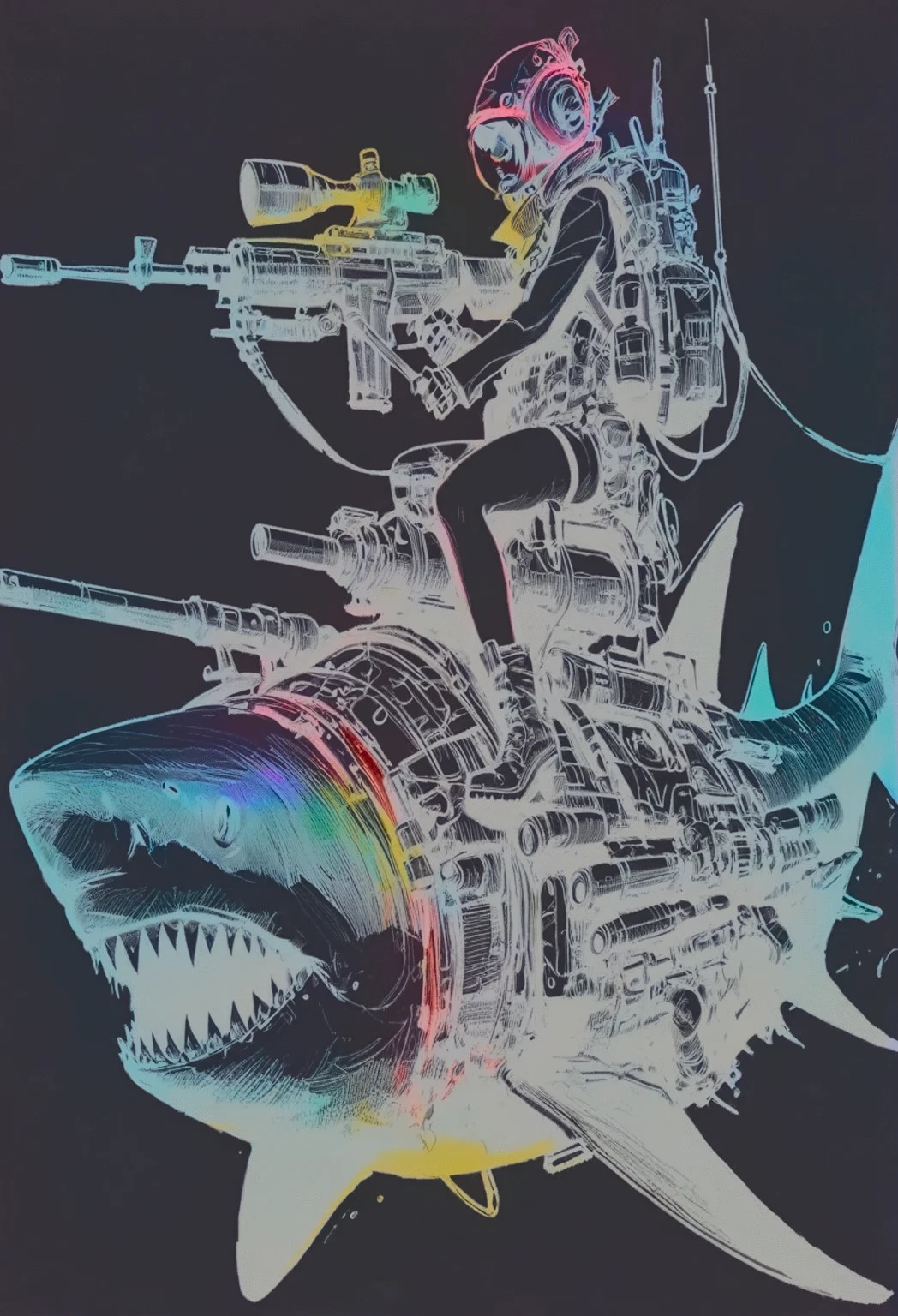 deep sea abyss, darkness, black, shades of grey, VHS, glitch, distorted, nostalgia, 90's retro vibes, analog tape, vcr aesthetics, tv, television, hand drawn, (full roygbiv color) ink charcoal expressive illustration, no light source, darkness, light mask uv rays across face, illustate (jamie hewlett style) tank girl, riding a shark submarine, sketch, unfinished, expressive ink bold line style, cinematic, splash page, wearing deep sea submersion suit, submarine shark sense of movement and energy