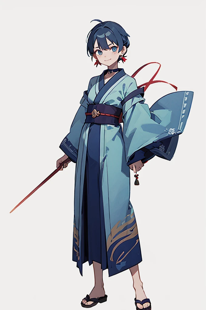 Blue and green yukata、Red and blue hair、Mischievous face、Choker on neck、Big earrings、The earrings are red、Arms crossed、Only the mouth is smiling、Straw sandals、Choker on right leg、Shoulders are out(whole body、Are standing、、White background)