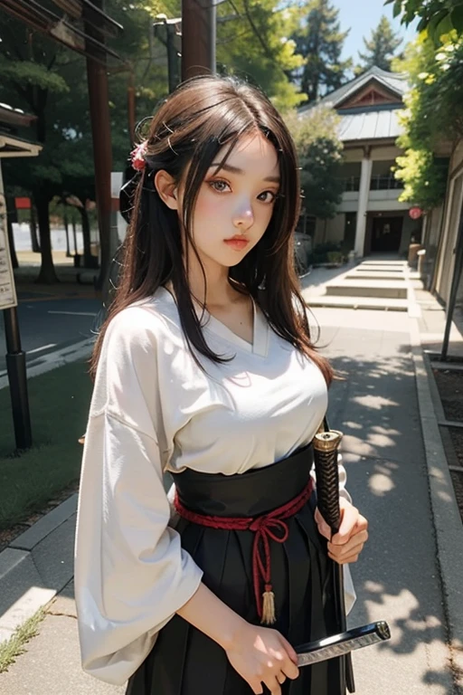 create an anime girl in a with a samurai sword in a luxurious school landscape and who is 18 years old