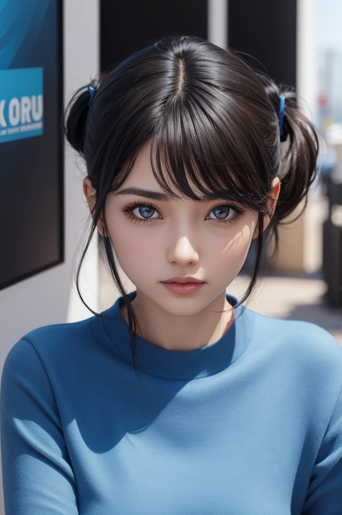 Black haired woman 3D poster, brown eyes and blue clothes.