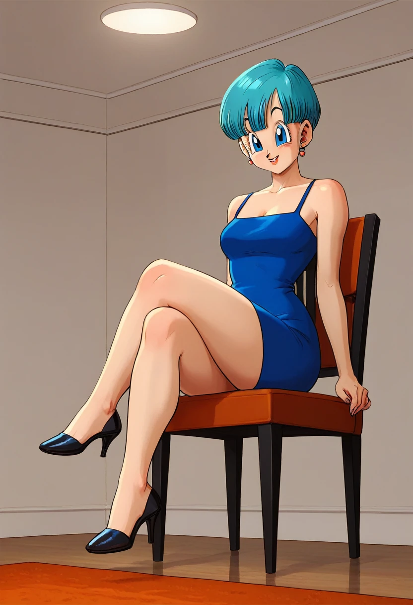 Bulma dark blue dress legs crossed on a home chair 